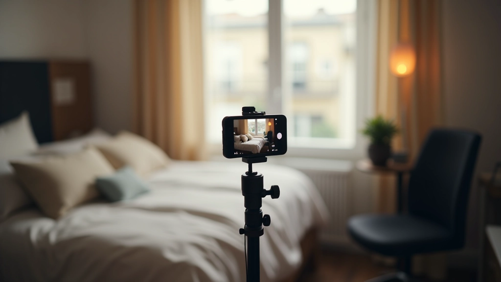 Personne créant du contenu TikTok avec smartphone, éclairage de studio, décor soigné en arrière-plan