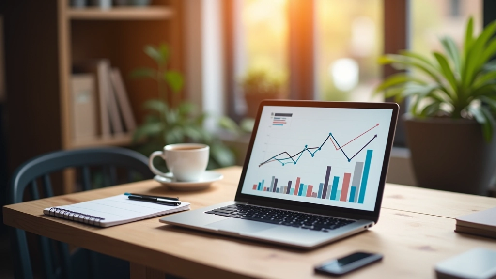 Ordinateur portable avec graphiques financiers sur un bureau moderne, café chaud à proximité, lumière naturelle du matin, focus net
