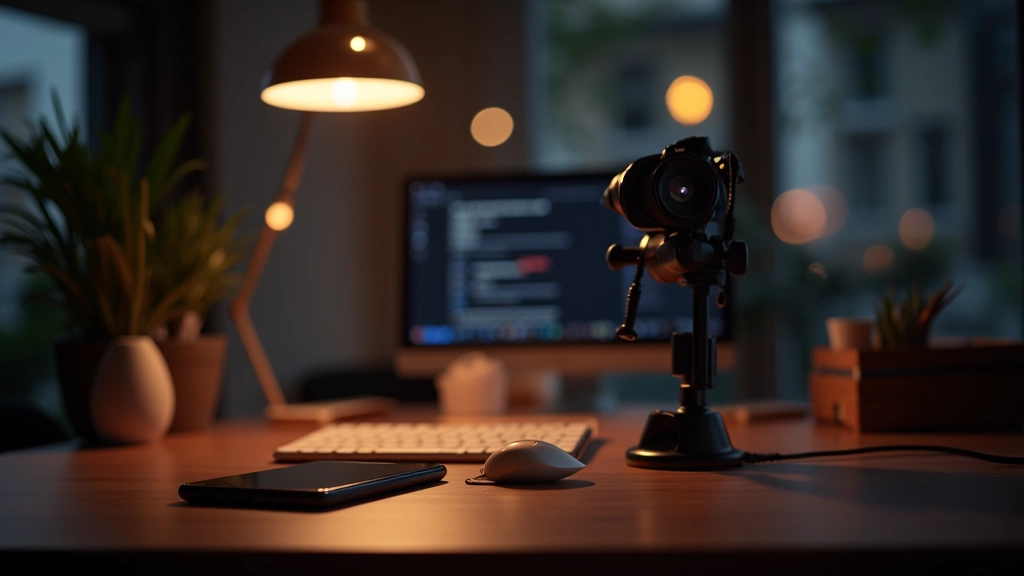 Smartphone et caméra vidéo sur un bureau créatif, éclairage LED doux, espace de travail lumineux