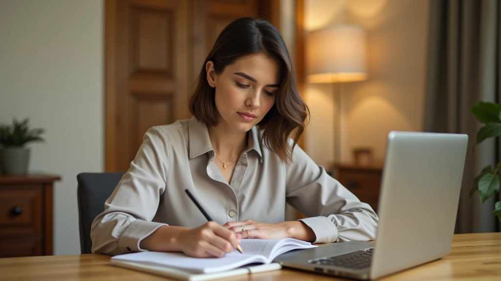 Personne assise à un bureau avec carnets et stylos, ordinateur en arrière-plan, éclairage naturel chaud, focus net sur les mains qui écrivent